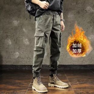 美式工装裤男士修身秋冬季潮牌雅痞战术军事风加绒休闲束脚长裤子
