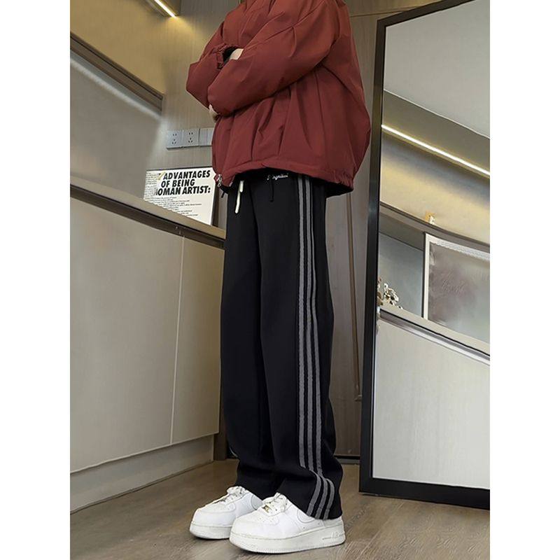 黑色美式休闲加绒卫裤男款秋冬季三条杠校服裤子垂感直筒阔腿长裤,男装,休闲裤,淘宝优惠券,粉丝福利购,淘宝优惠卷