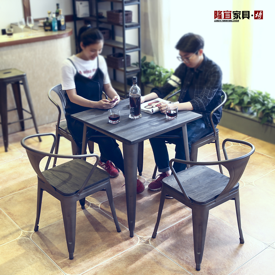 铁艺工业风餐桌家用简约现代LOFT欧式长方桌圆形餐厅榆木实木桌椅