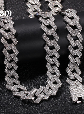 欧美镶钻古巴项链合金3排钻嘻哈项链男说唱大金链子义乌饰品批发