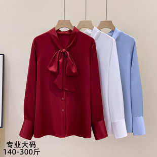 大码女装宽松丝巾蝴蝶结领长袖衬衫女OL风雪纺软缎休闲上衣1026-B