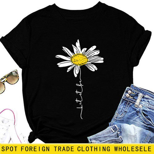 let it be daiy字母休闲短袖亚马逊欧美女装上衣圆领宽松t恤