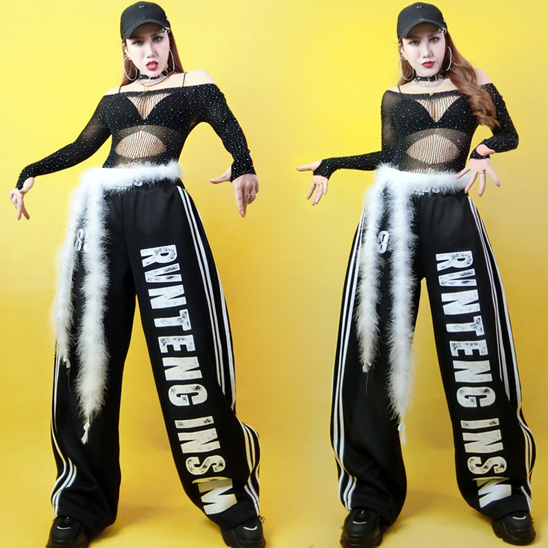 韩舞女团爵士舞跳舞演出服嘻哈街舞裤子黑色字母双裤腰两穿运动裤