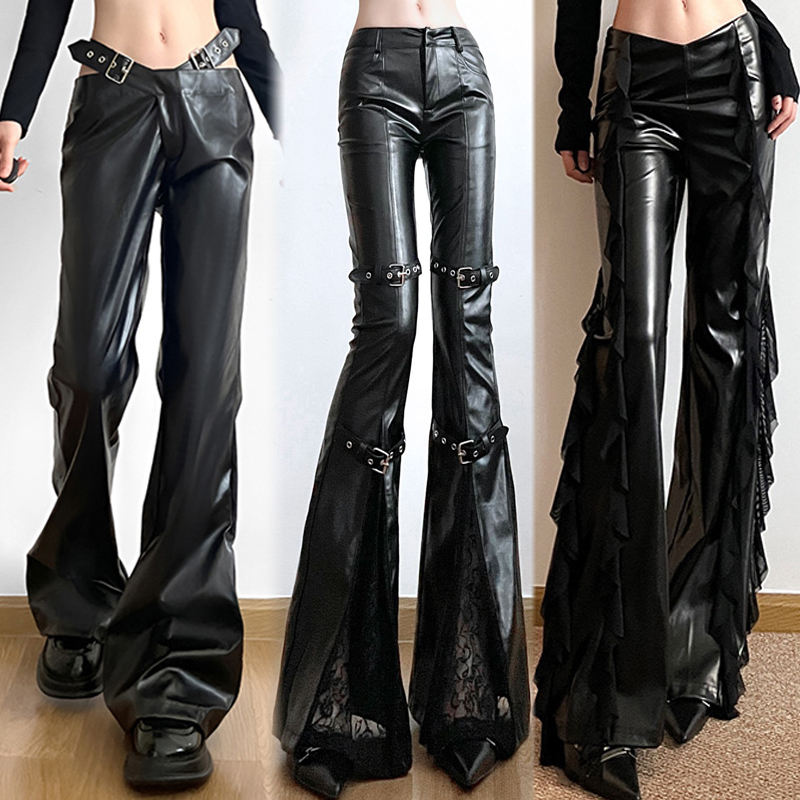 暗黑风腰部镂空PU皮微喇低腰皮裤