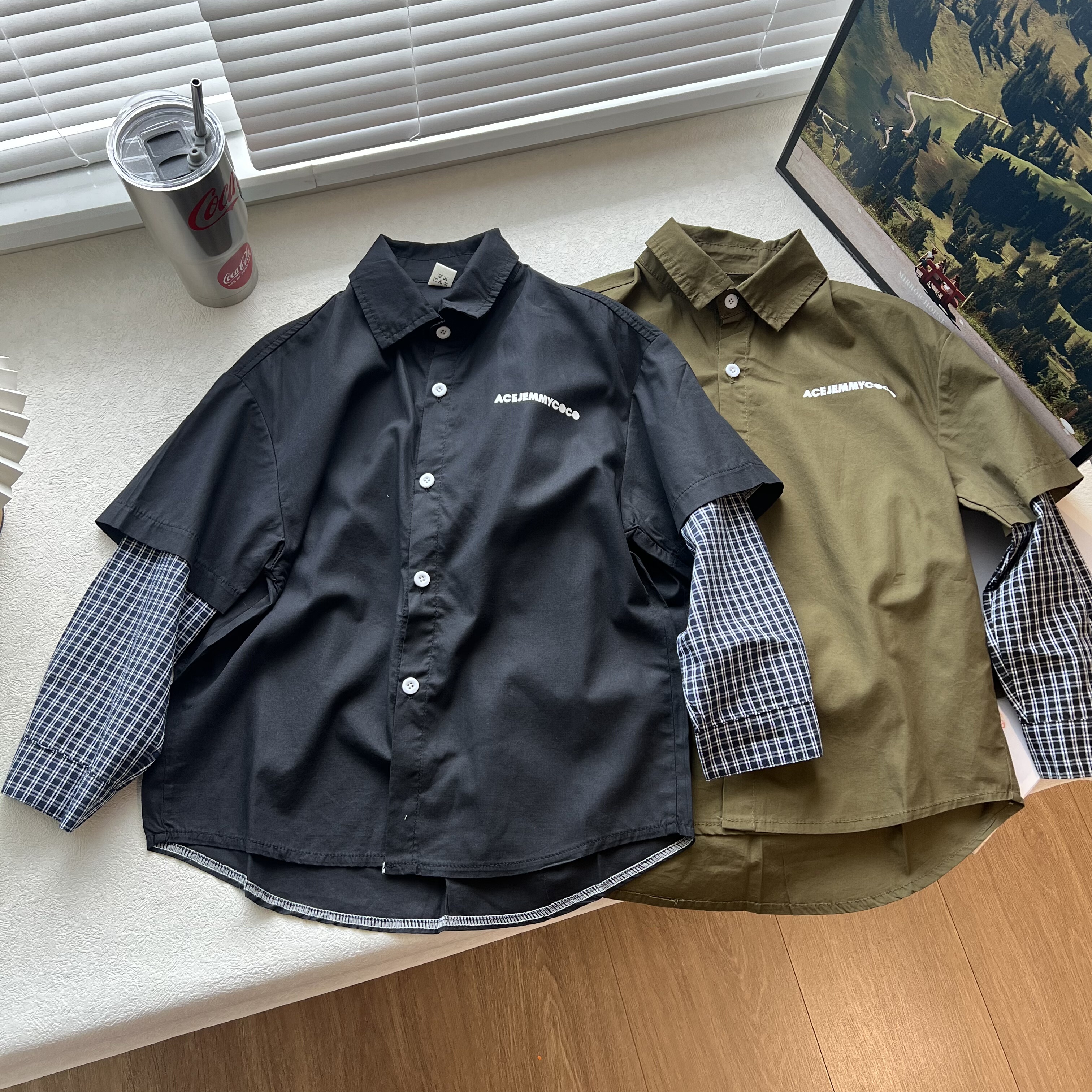 20C男孩女童青少年衬衫外套印花棉学生薄衬衣衬衫上衣120-180