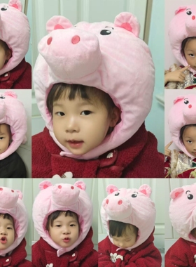 ins搞怪可爱卡通少女心粉色毛绒猪猪头套帽子儿童讲故事拍照表演