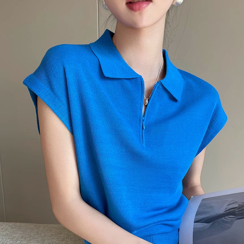 蓝色polo领针织短袖女夏季2025新清爽老钱风百搭套头上衣