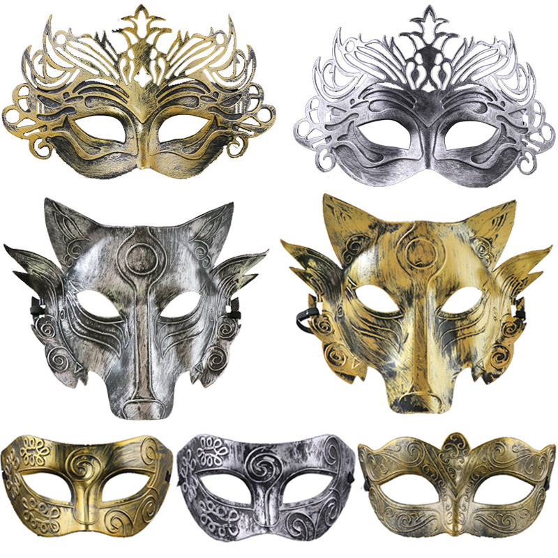 1万圣节复古仿古面具舞会男人面具古罗马斗士皇冠花纹斯巴达面具