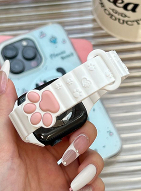 适用iwatchs10表带新款iwatchultra2猫爪硅胶磁吸创意s8s7/6苹果手表applewatchs9小众手表带秋冬女款46/41mm