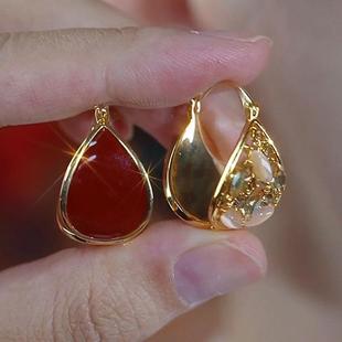 安可拉红双面水滴耳扣S925银针防过敏耳钉轻奢高级感精致百搭耳饰