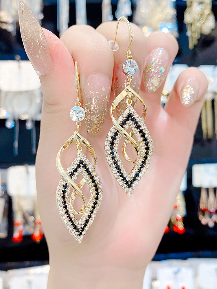 韩国高级感镶钻几何纯银针耳环长