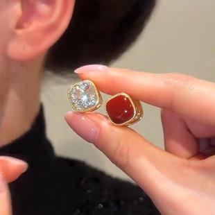 复古红色方块锆石双面耳扣女2025新款气质百搭耳钉简约高级感耳饰