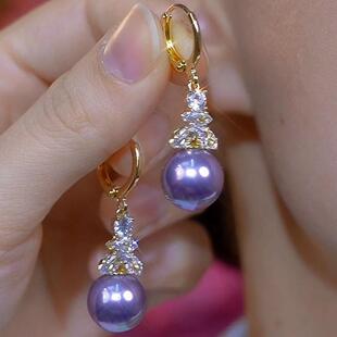 2025年新款镶钻紫色珍珠耳坠女轻奢高级感超闪潮耳环港风流行耳饰