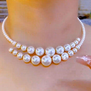 2025年新款轻奢独特不规则交叉双层珍珠设计感项圈百搭时尚锁骨链