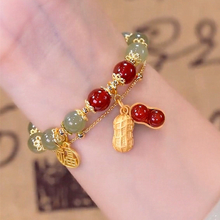 早生贵子福牌花生手链猫眼石小众设计手串女款双层叠戴民族风手饰