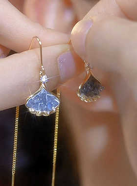 蓝色银杏叶长款流苏耳线ins风日韩名媛百搭时尚耳环小众设计耳饰