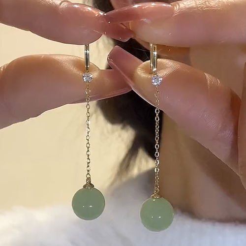 复古长款浅绿色珠珠流苏耳环设计