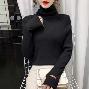 穿指毛衣女秋冬内搭打底衫手洞针织衫防寒护手高领毛衫连手套线衫