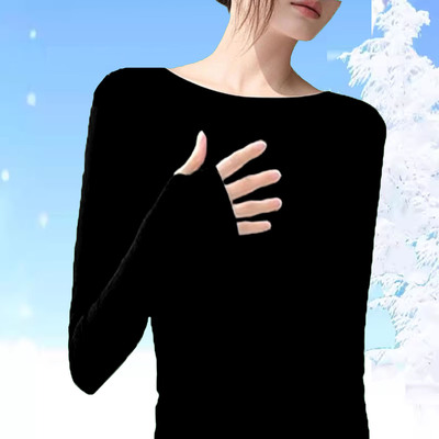 黑色一字肩领长袖t恤女春秋拇指扣上衣内搭手套袖秋衣洋气护指衫