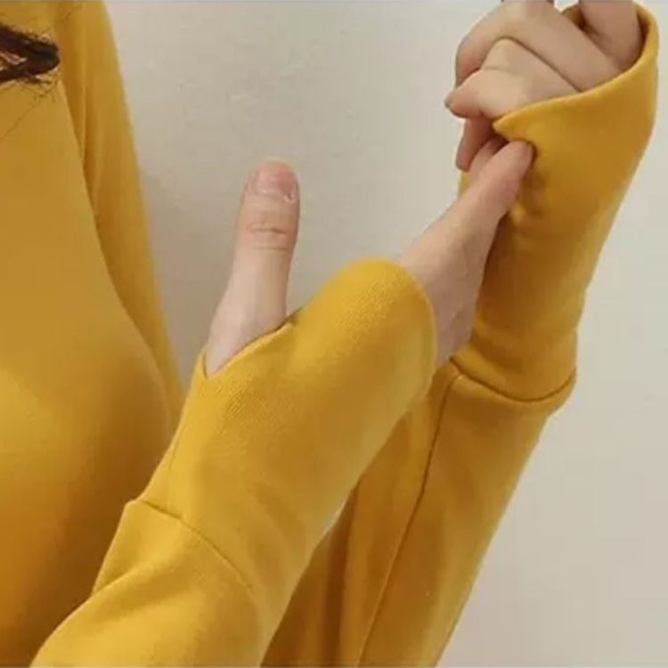 指套袖子加长t恤秋衣女冬拇指洞高领紧身护手打底衫连带手套上衣