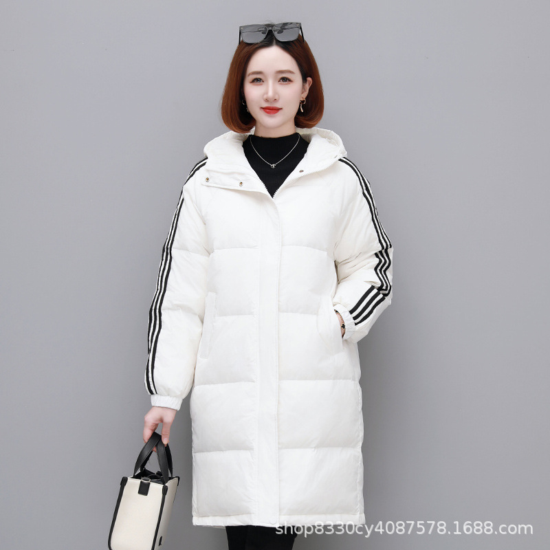三条杠白鸭绒羽绒服女中长款韩版过膝宽松加厚保暖冬季面包服