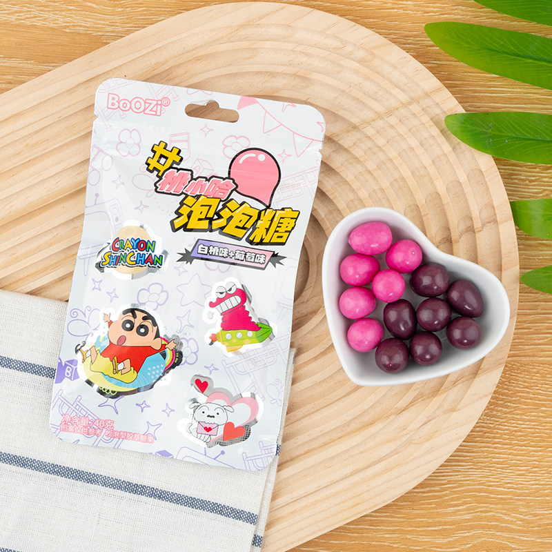 2包邮蜡笔小新联名BoOZi桃小哈泡泡糖白桃葡萄味40g网红糖果零食