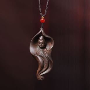 越南沉香木雕荷叶观音手把雕刻实木菩萨钥匙扣观世音挂件坠车保佑