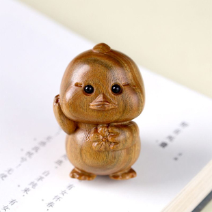 天然绿檀木雕生肖小鸡仔摆件创意桌面手把件手工可爱治愈家居装饰