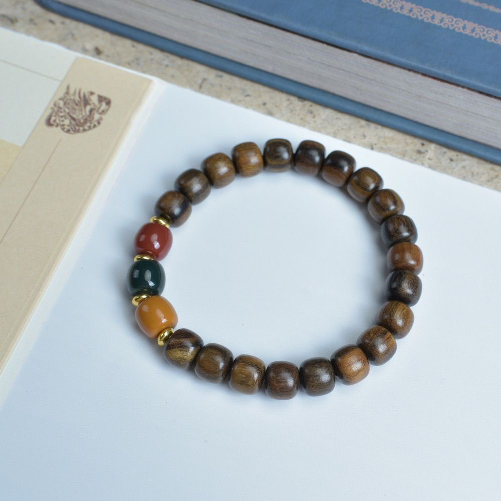 天然绿檀木手串情侣盘玩佛珠彩色琉璃手链文玩男女新款