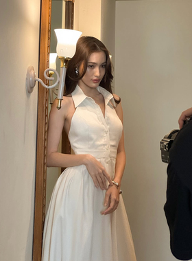 泰国小众品牌TC正品法式复古气质翻领收腰显瘦褶皱露背无袖连衣裙