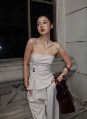 泰国小众品牌SW2025秋网红博主同款抹胸上衣高腰阔腿裤时尚套装