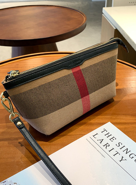 JIY手包女韩版格子格纹帆布女士化妆包便携小包手拿包长款钱包