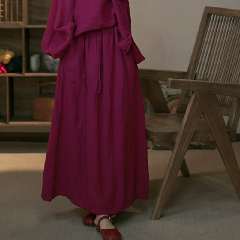 YIMIAN亚麻抽绳百褶双层半身裙