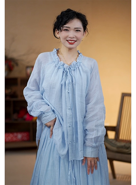 YIMIAN苎麻田园风花边领上衣