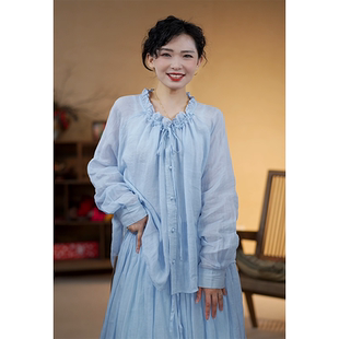 YIMIAN 慵懒新风尚苎麻甜美田园风花边领抽绳设计开衫上衣26097