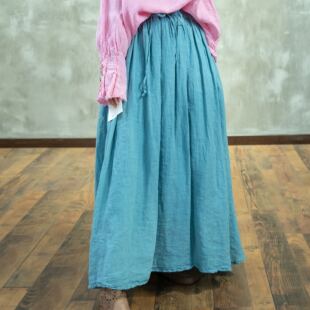 YIMIAN 亚麻纯色压褶系绳宽松休闲减龄半身裙23397