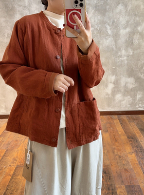 YIMIAN  柔和惬意慵懒风亚麻文艺复古小立领双层休闲衬衫29612