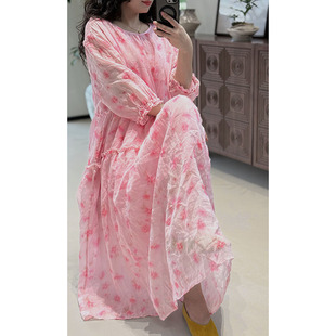 YIMIAN  樱花树下甜美清新减龄温柔拼接花边苎麻连衣裙2626154