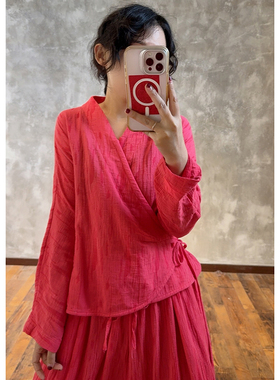 YIMIAN  中式改良汉服茶服禅意风交叉系带开衫上衣26072