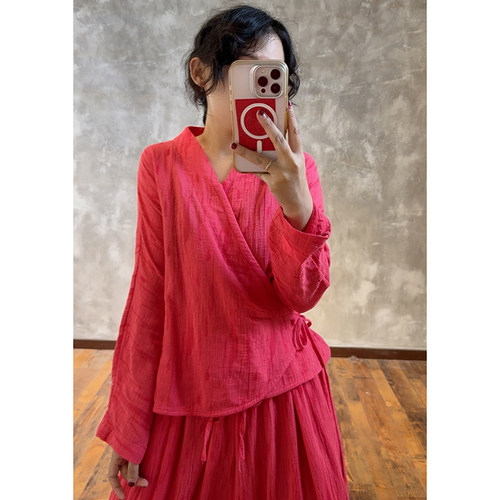 YIMIAN  中式改良汉服茶服禅意风交叉系带开衫上衣26072