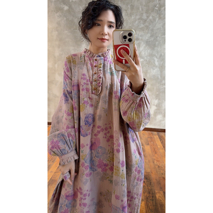 YIMIAN 连衣裙230683 粉紫春眠百搭氛围感浪漫印花花边领设计款