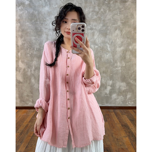 YIMIAN  春色蔓延明媚简约高级舒适百搭亚麻圆领休闲上衣21105