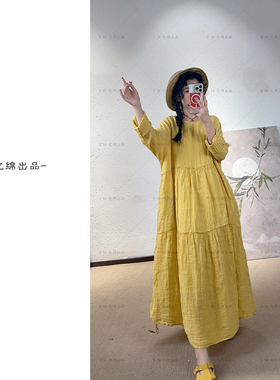 YIMIAN 秋上新小众圆领褶皱双层拼接亚麻气质连衣裙23500