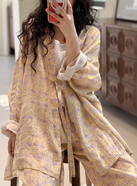 YIMIAN山野碎花苎麻V领开衫