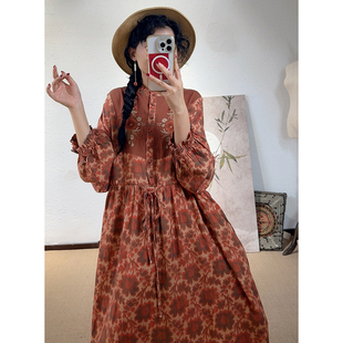 YIMIAN 层次感亚麻文艺重工刺绣设计花边领包扣拼接连衣裙230556