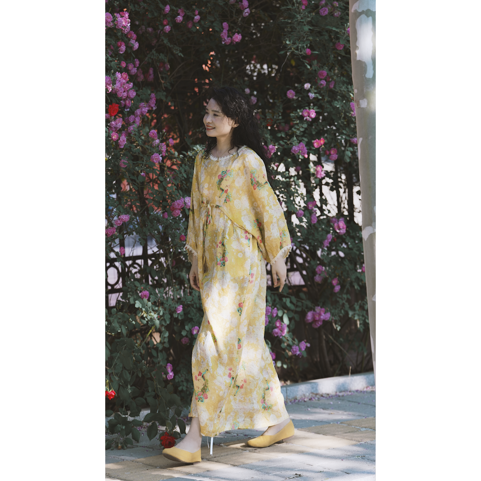 YIMIAN 金雀花影民族风东方美学印花苎麻宽松抽绳连衣裙290892