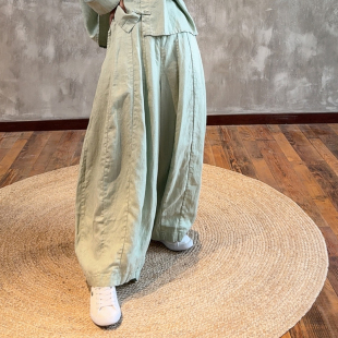 YIMIAN 2625292 摩登怀旧质感剪裁亚麻松弛感显瘦垂感灵动灯笼裤