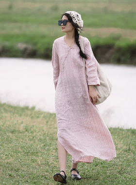 YIMIAN 温柔质感色织亚麻新中式小众斜襟国风减龄条纹连衣裙2091