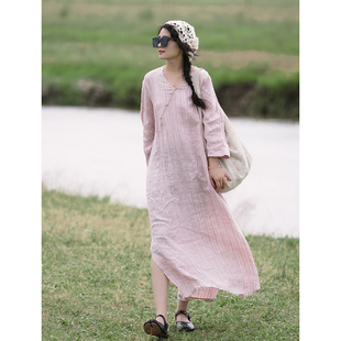 YIMIAN 小众斜襟国风减龄条纹连衣裙2091 温柔质感色织亚麻新中式