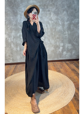 YIMIAN 慵懒亚麻系绳原创高级纯色新中式设计感显高连衣裙26058